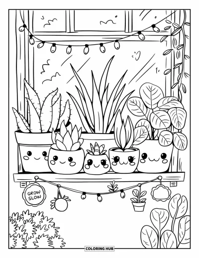 Plant Coloring Page for Adults: Smiling aloe, snake plant, and pothos sit on a sunny window ledge