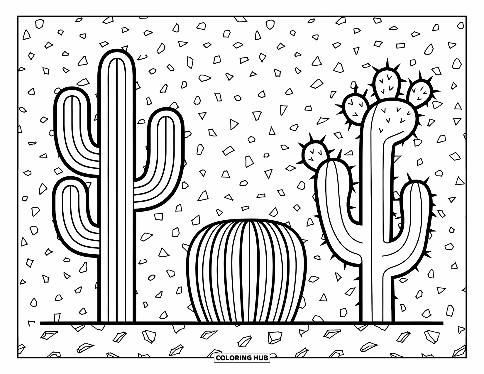 Dibujo de plantas para colorear para adultos: Tres tipos de cactus se asientan sobre una base estampada de guijarros dispersos