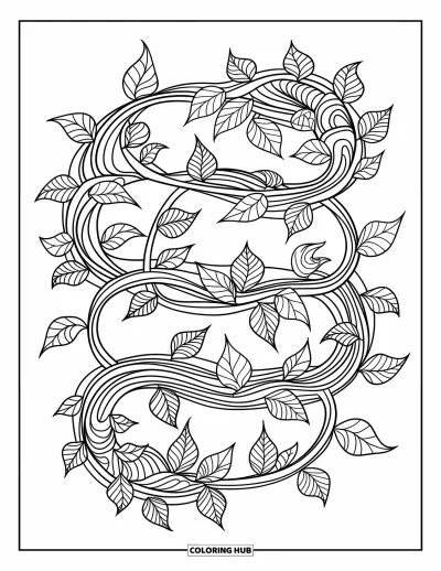 Plant Coloring Page for Adults: Vines with ivy, pothos, and eucalyptus leaves weave a flowing design