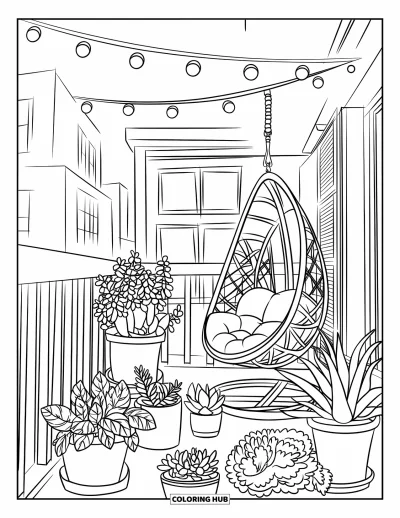 Plant Coloring Page for Kids: A balcony filled with potted herbs and a hanging chair under string lights
