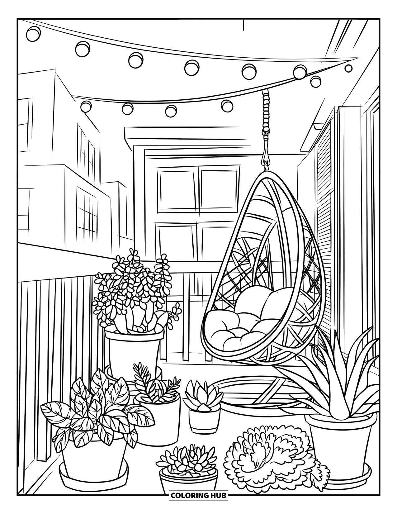 Dibujo de plantas para colorear para niños: Un balcón lleno de hierbas en macetas y una silla colgante bajo luces de cadena
