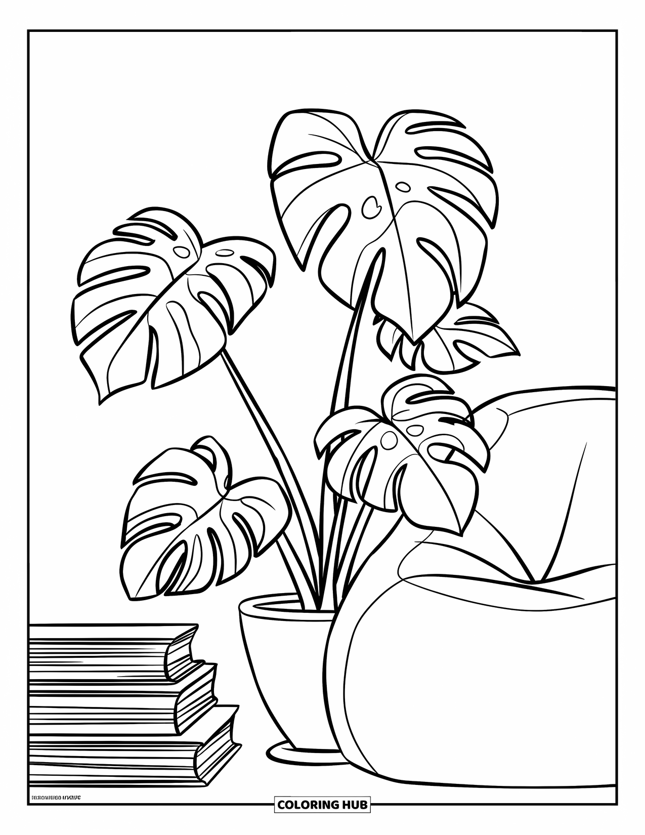 Dibujo de plantas para colorear para niños: Un puf y libros descansan junto a una planta de monstera frondosa