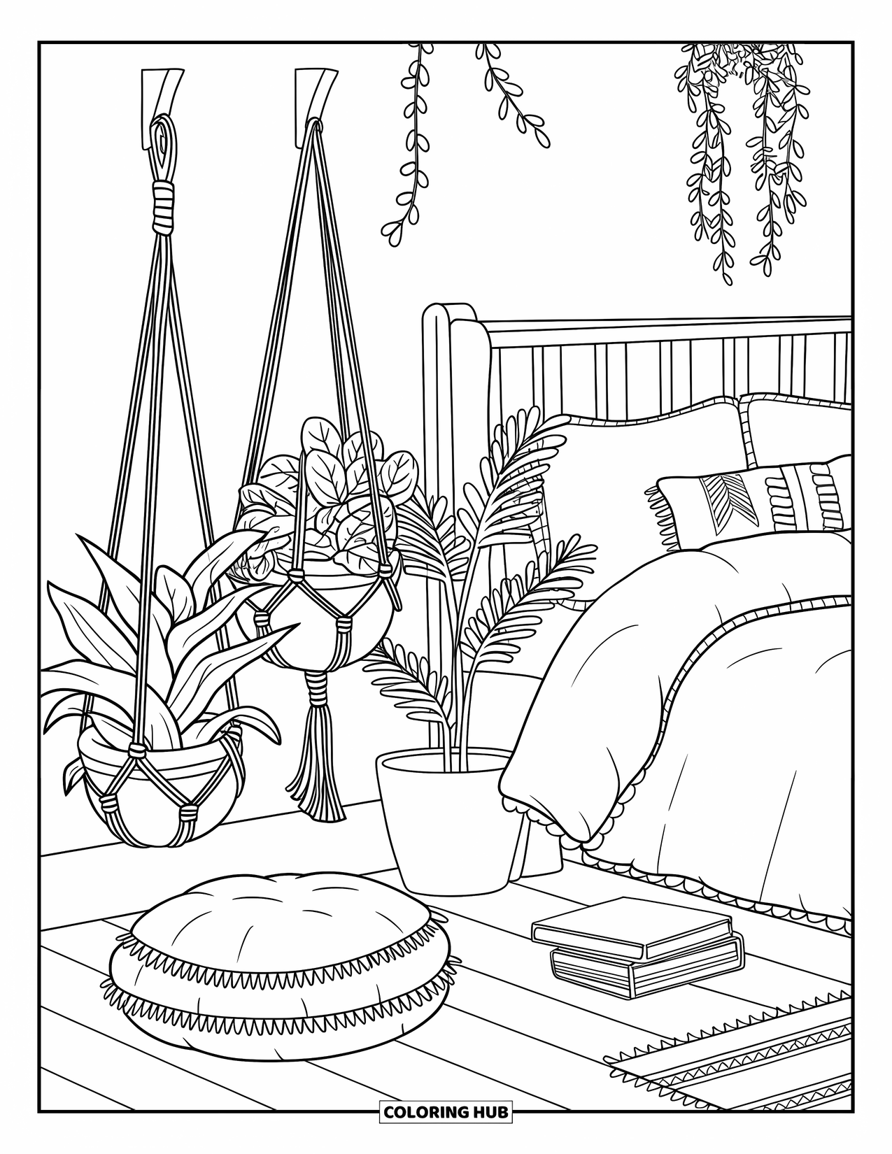 Dibujo de plantas para colorear para niños: Un dormitorio con plantas, libros y muebles suaves crea un ambiente tranquilo