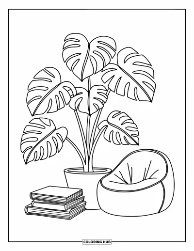 Plant Coloring Page for Kids: A big-leaf monstera grows beside a beanbag chair and books