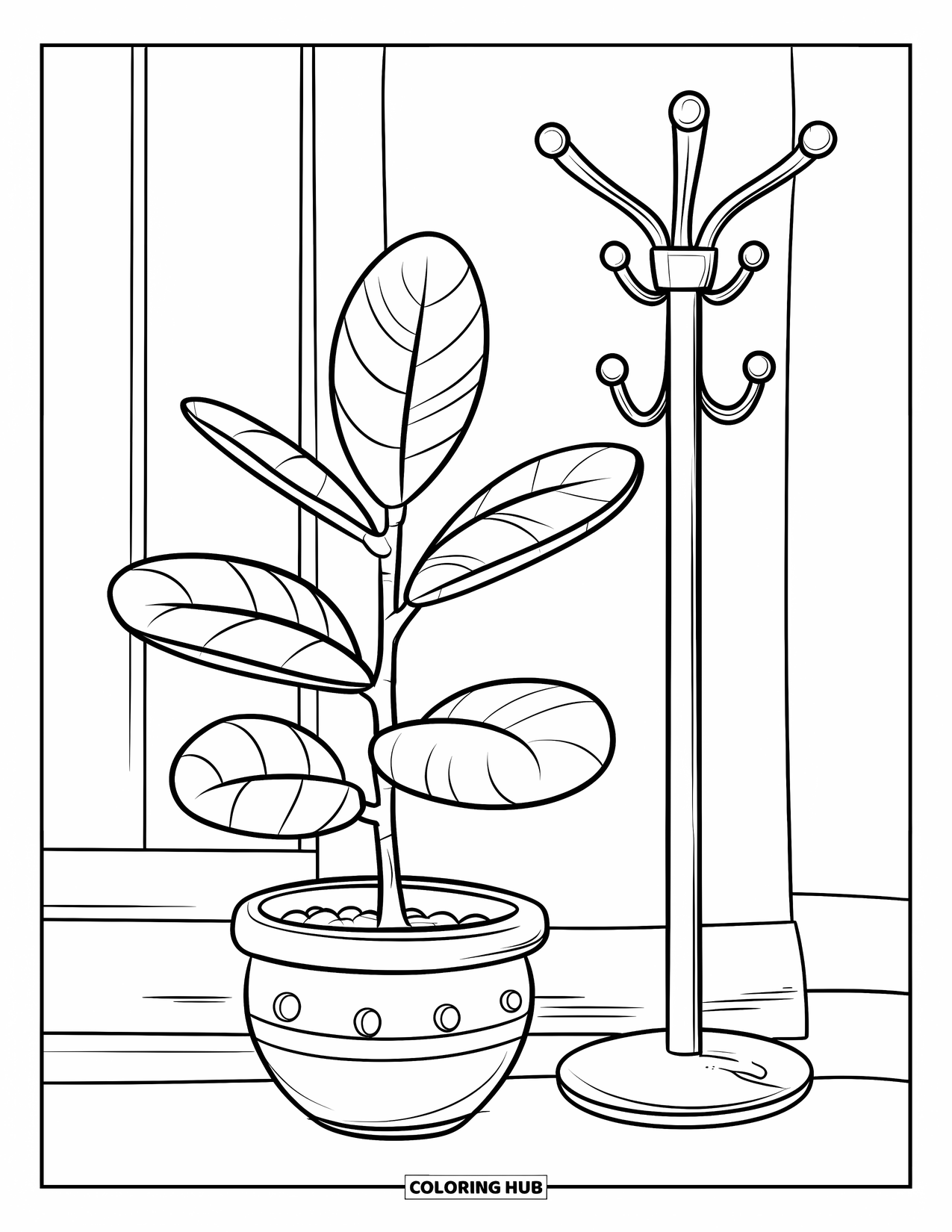 Dibujo de plantas para colorear para niños: Una planta de caucho de hoja grande crece junto a un perchero en la pared