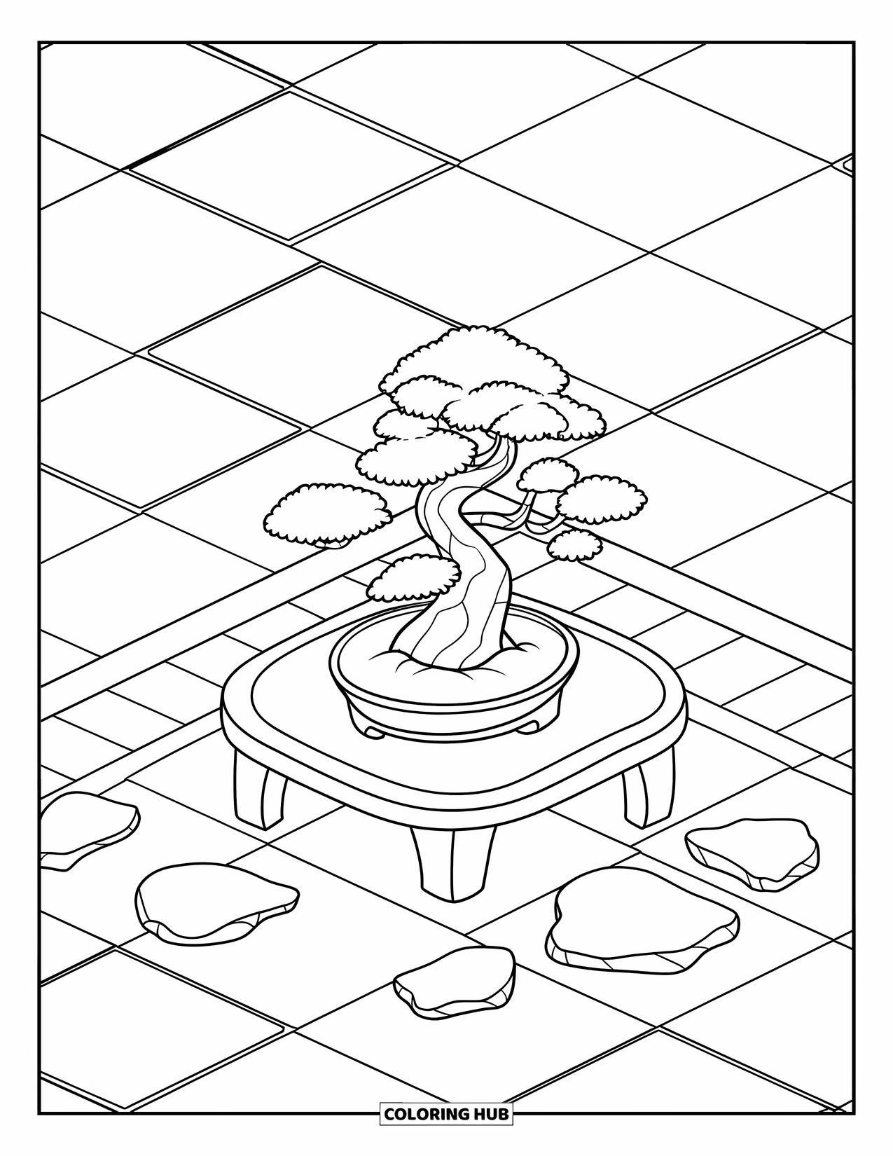 Dibujo de plantas para colorear para niños: Un árbol bonsái crece en una mesa baja rodeada de piedras
