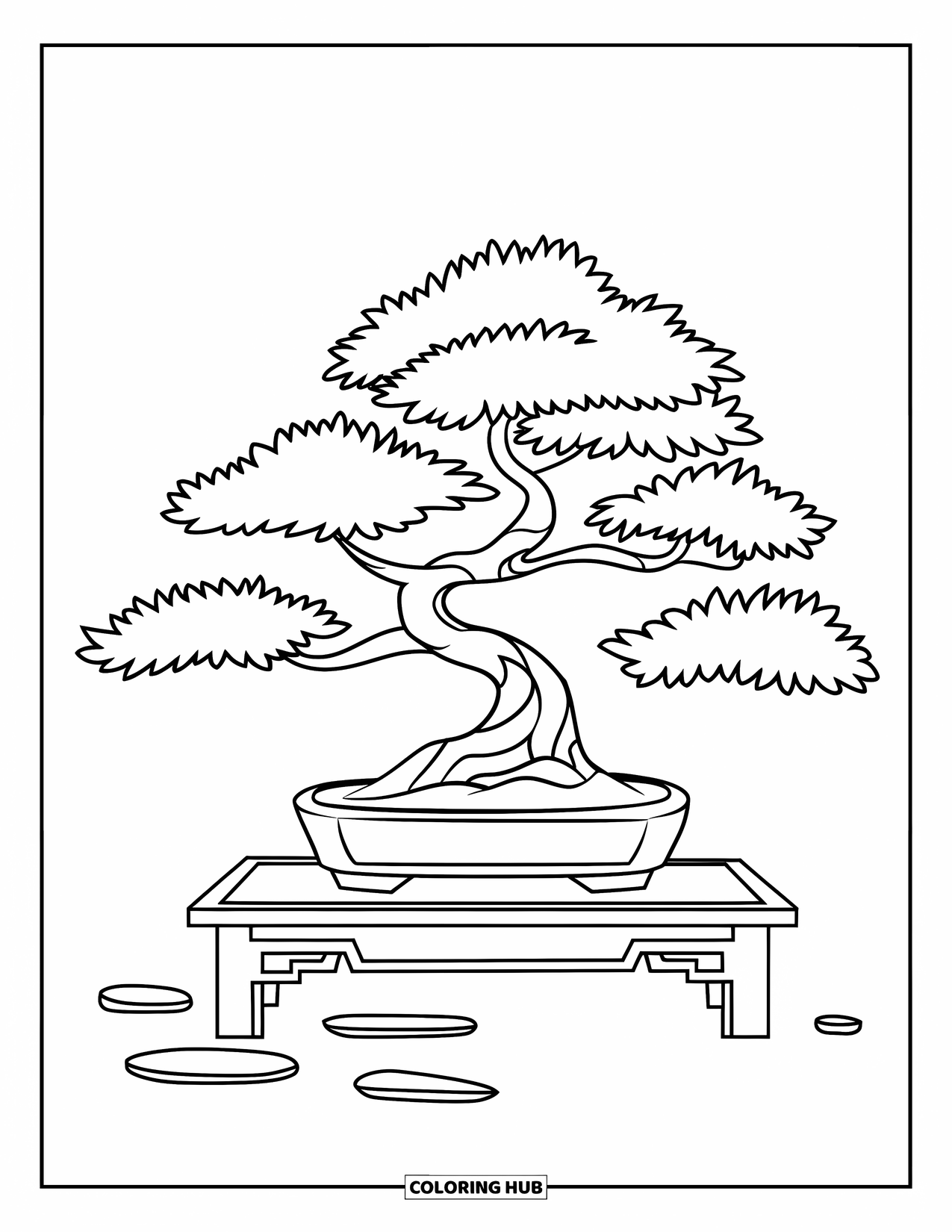 Dibujo de plantas para colorear para niños: Un árbol bonsái descansa sobre una mesa con piedras en un lugar tranquilo