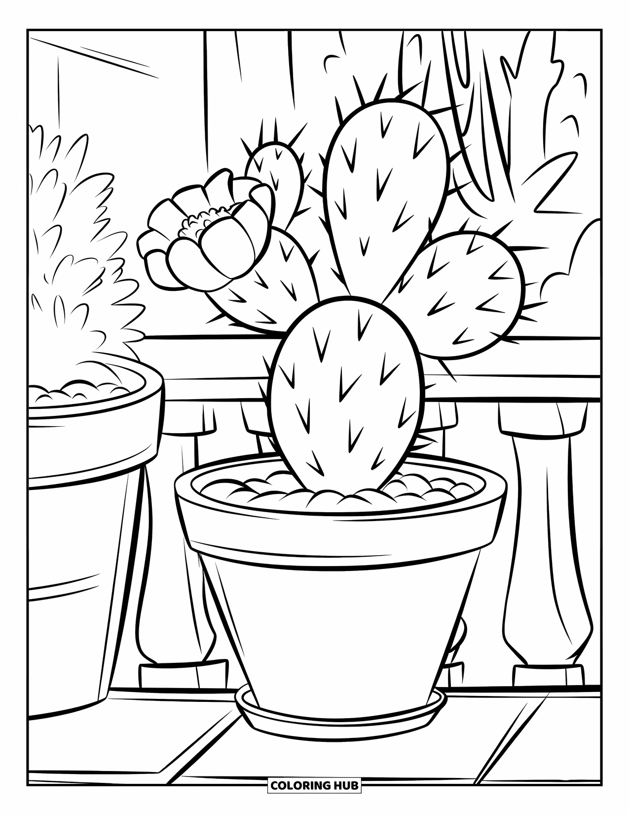 Dibujo de plantas para colorear para niños: Un cactus con una flor descansa en una maceta de barro en un balcón