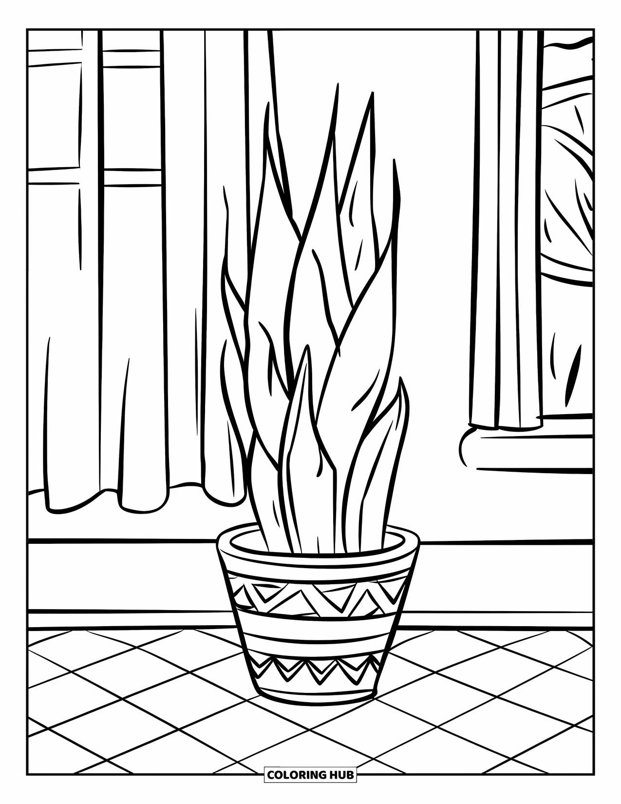 Dibujo de plantas para colorear para niños: Una planta de serpiente alegre en una maceta estampada descansa cerca de una ventana