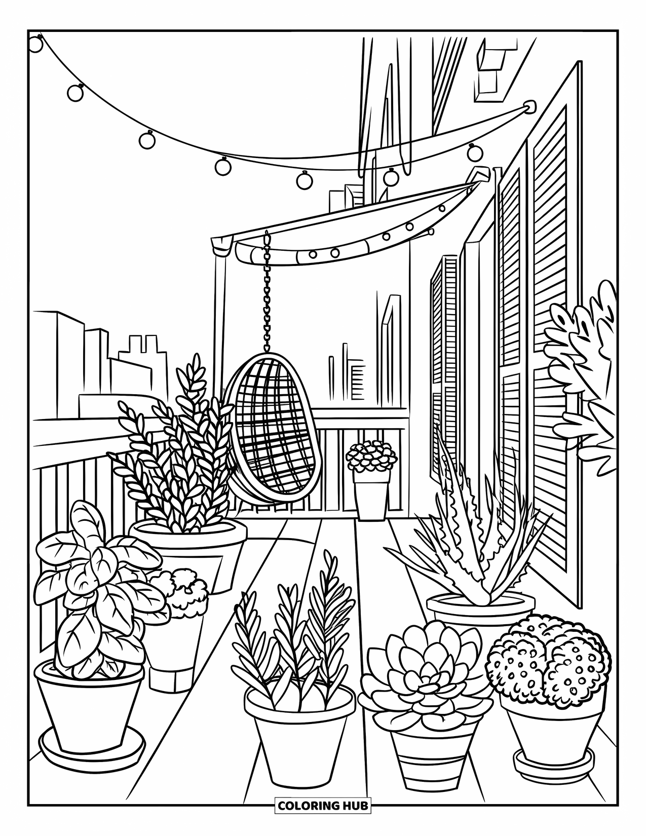 Dibujo de plantas para colorear para niños: Un balcón de la ciudad está lleno de hierbas aromáticas y una silla cómoda bajo luces parpadeantes