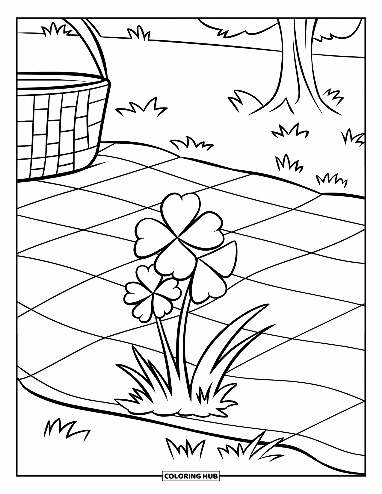 Dibujo de plantas para colorear para niños: Una planta de trébol asoma desde la hierba debajo de una manta de picnic a cuadros
