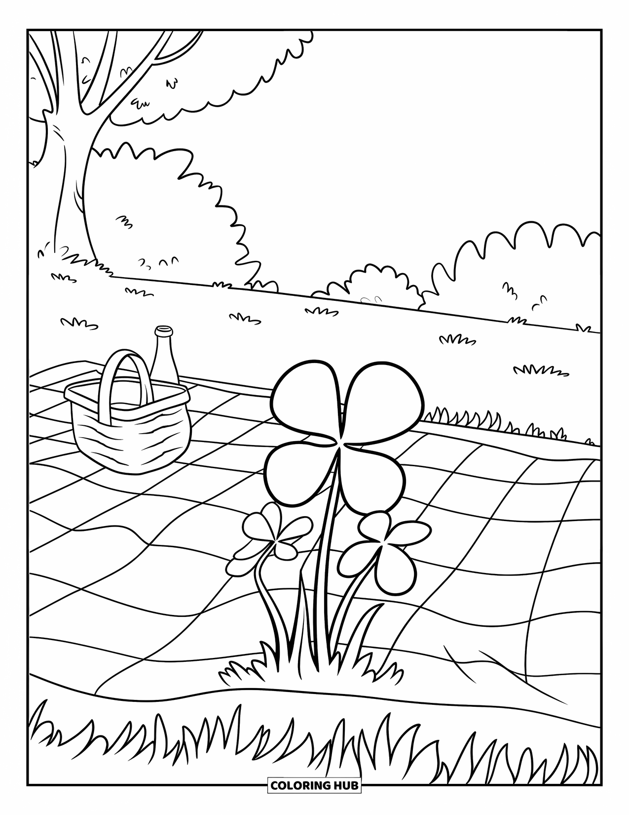 Dibujo de plantas para colorear para niños: Un trébol brota cerca de una instalación de picnic en un parque verde