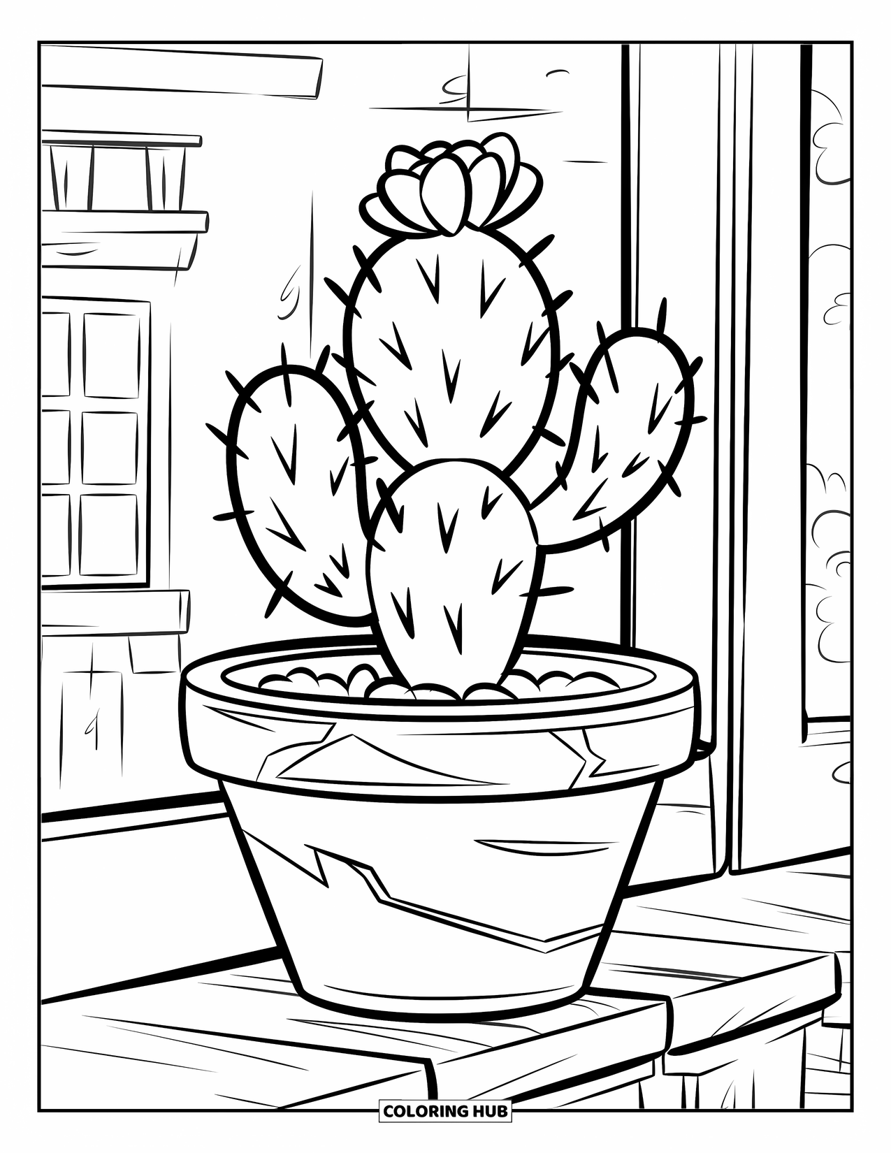 Dibujo de plantas para colorear para niños: Un cactus floreciente se sienta en una maceta de barro en una repisa soleada