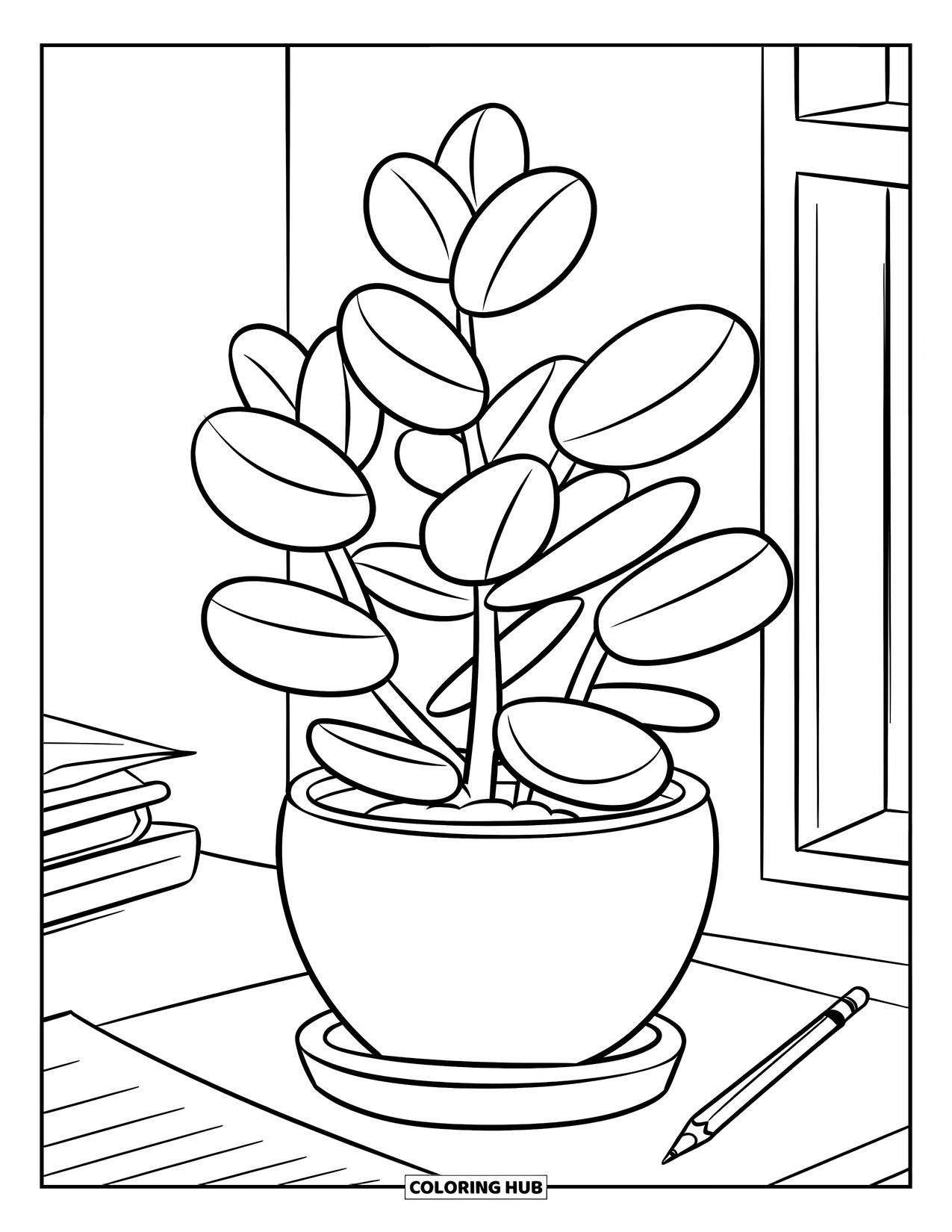 Dibujo de plantas para colorear para niños: Una planta de jade crece en una maceta sobre un escritorio acogedor para hacer la tarea