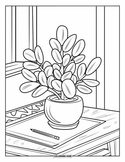 Plant Coloring Page for Kids: A jade plant sits on a homework desk beside a pencil