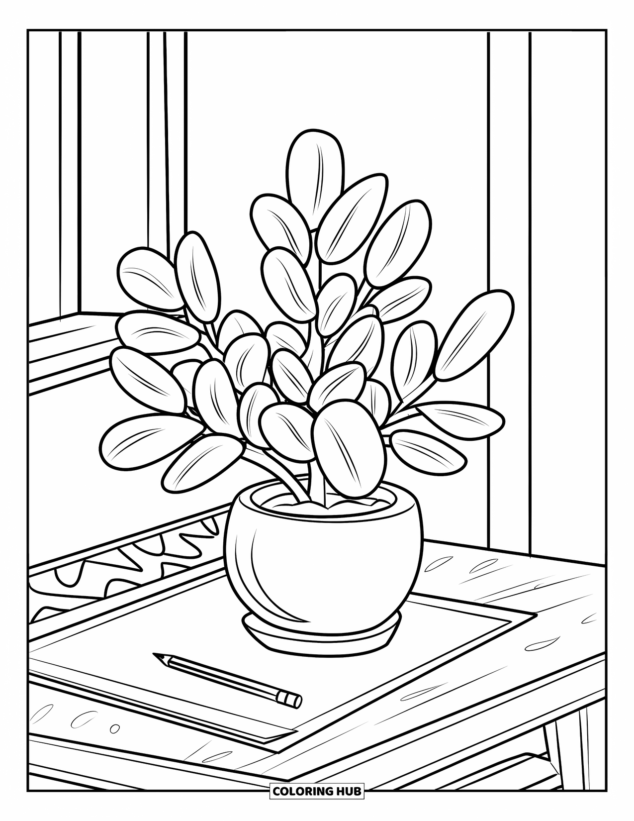 Dibujo de plantas para colorear para niños: Una planta de jade se sienta en un escritorio para hacer la tarea junto a un lápiz