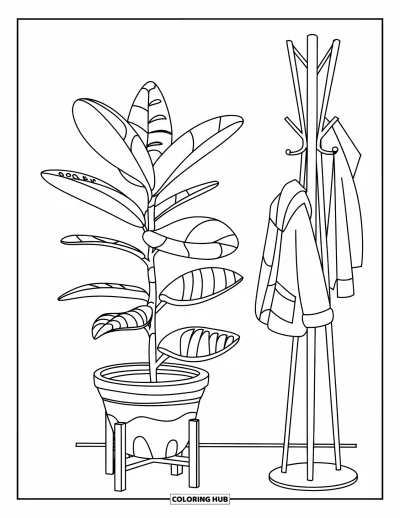 Plant Coloring Page for Kids: A large rubber plant stands next to a rack of coats