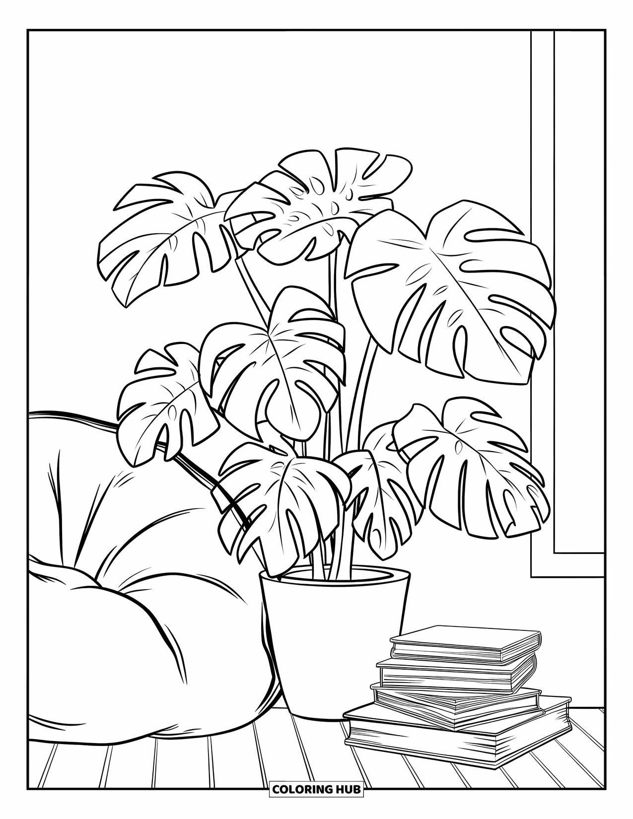 Dibujo de plantas para colorear para niños: Una planta de monstera frondosa se sienta cerca de un puf y libros