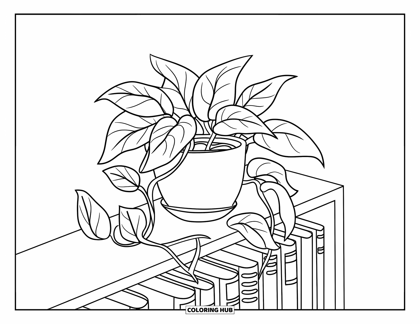 Dibujo de plantas para colorear para niños: Una planta de potos frondosa crece en una estantería con algunos libros
