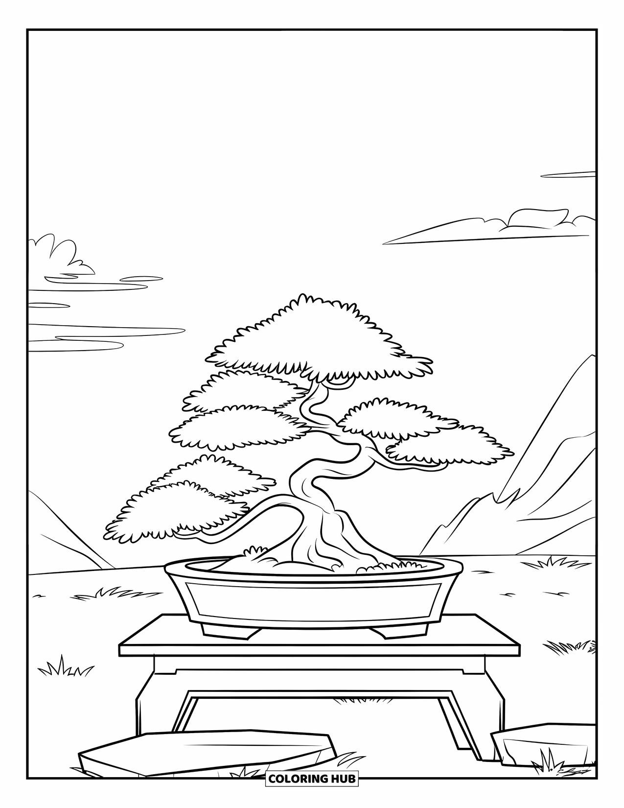 Dibujo de plantas para colorear para niños: Un pequeño árbol bonsái se encuentra sobre una mesa con piedras cerca