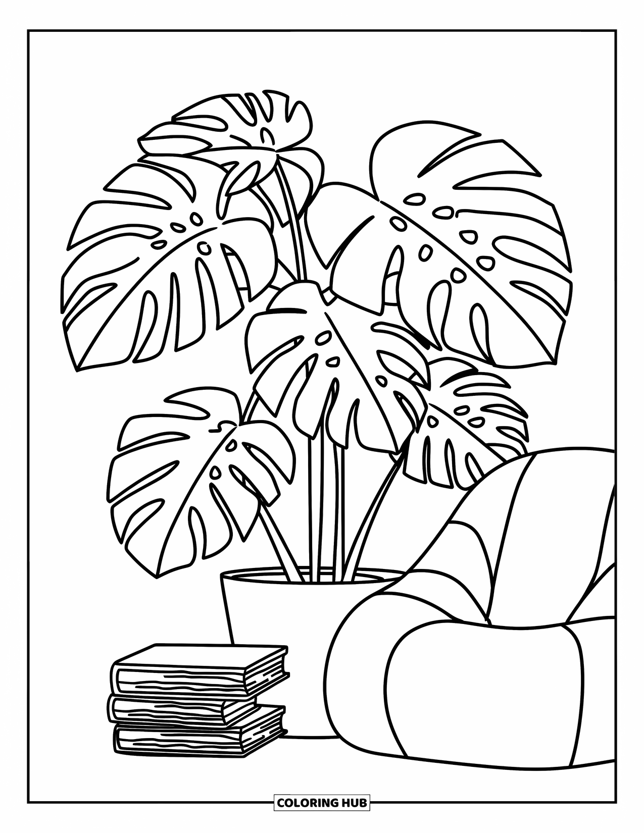 Dibujo de plantas para colorear para niños: Una planta de monstera se sienta junto a un puf y una pila de libros
