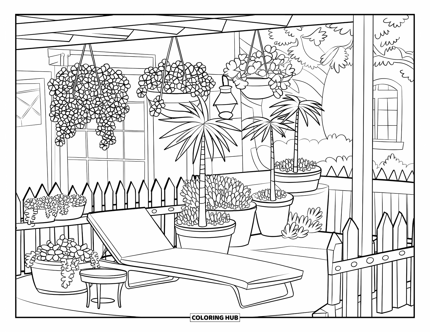 Dibujo de plantas para colorear para niños: Un patio con plantas colgantes, palmeras, una tumbona y una cerca de estacas