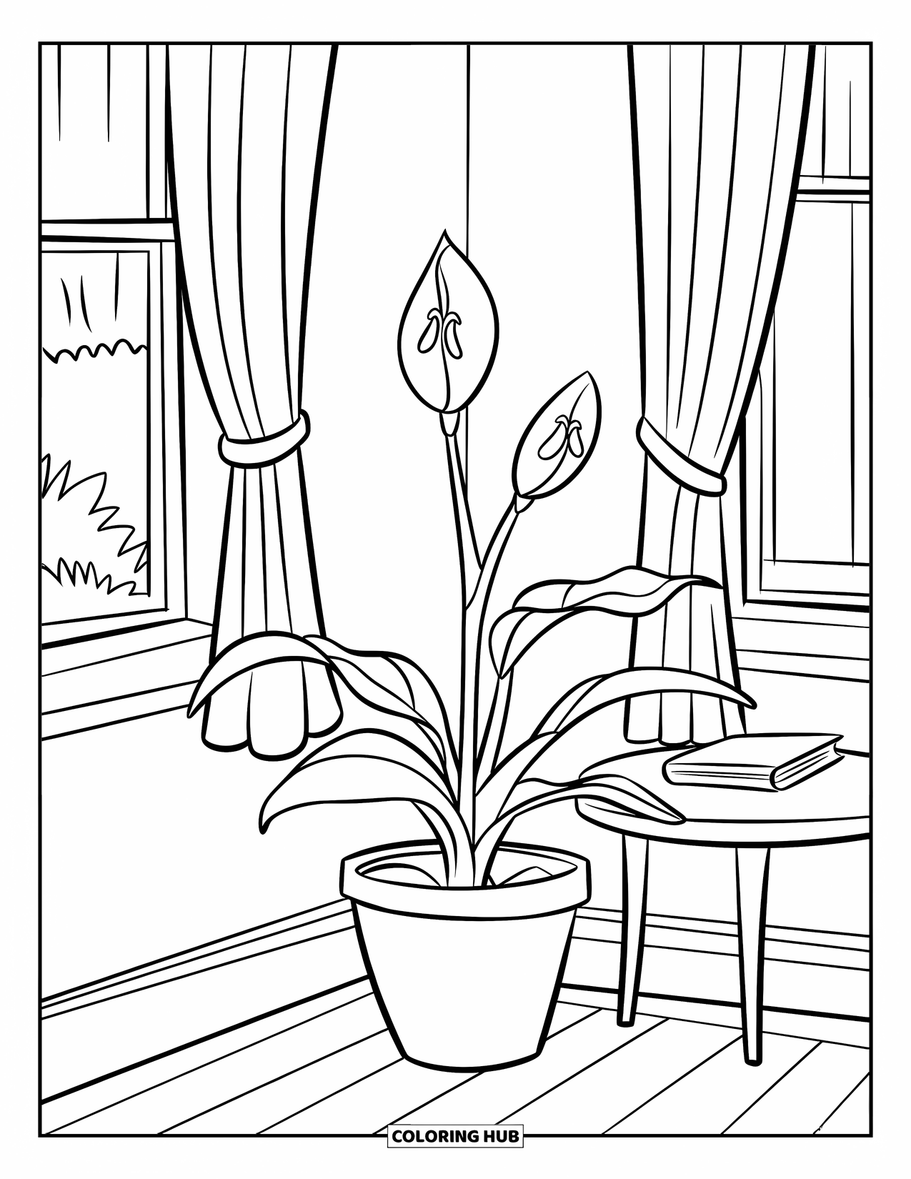 Dibujo de plantas para colorear para niños: Una flor de lis crece junto a una mesa pequeña y un suelo de madera
