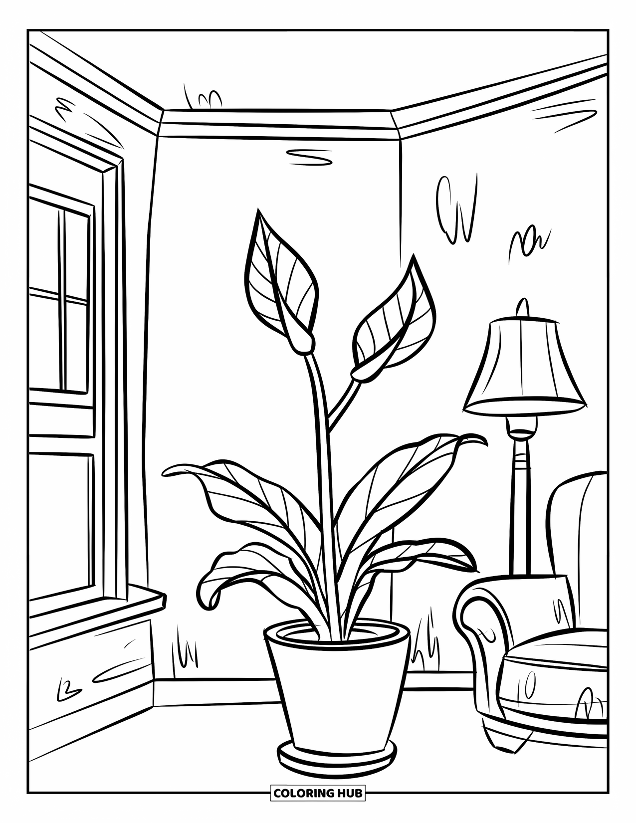 Dibujo de plantas para colorear para niños: Una flor de lis se encuentra cerca de una ventana con una lámpara y una silla