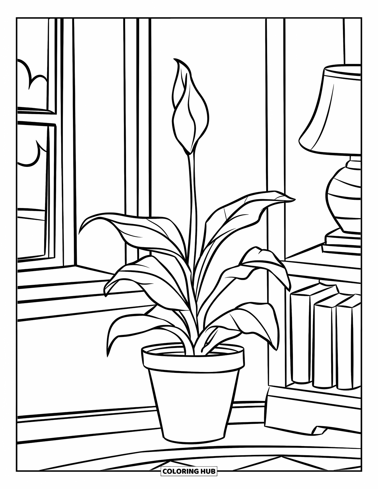 Dibujo de plantas para colorear para niños: Una flor de lis con dos hojas anchas descansa tranquilamente en una esquina de la habitación