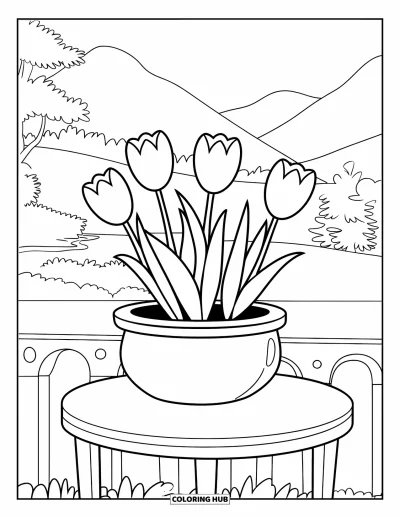 Plant Coloring Page for Kids: A pot of tulips sits on a table near the mountains