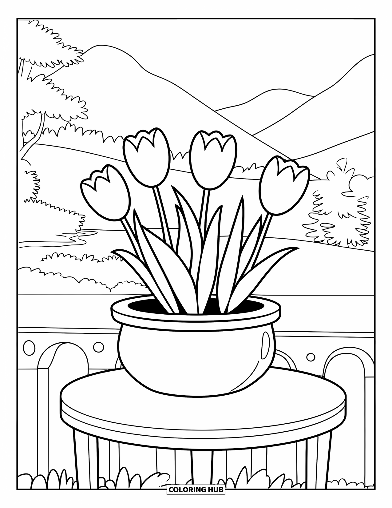 Dibujo de plantas para colorear para niños: Una maceta de tulipanes se sienta en una mesa cerca de las montañas