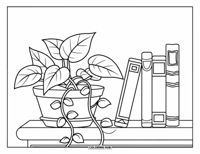 Plant Coloring Page for Kids: A pothos plant with vines rests on a low wooden bookshelf