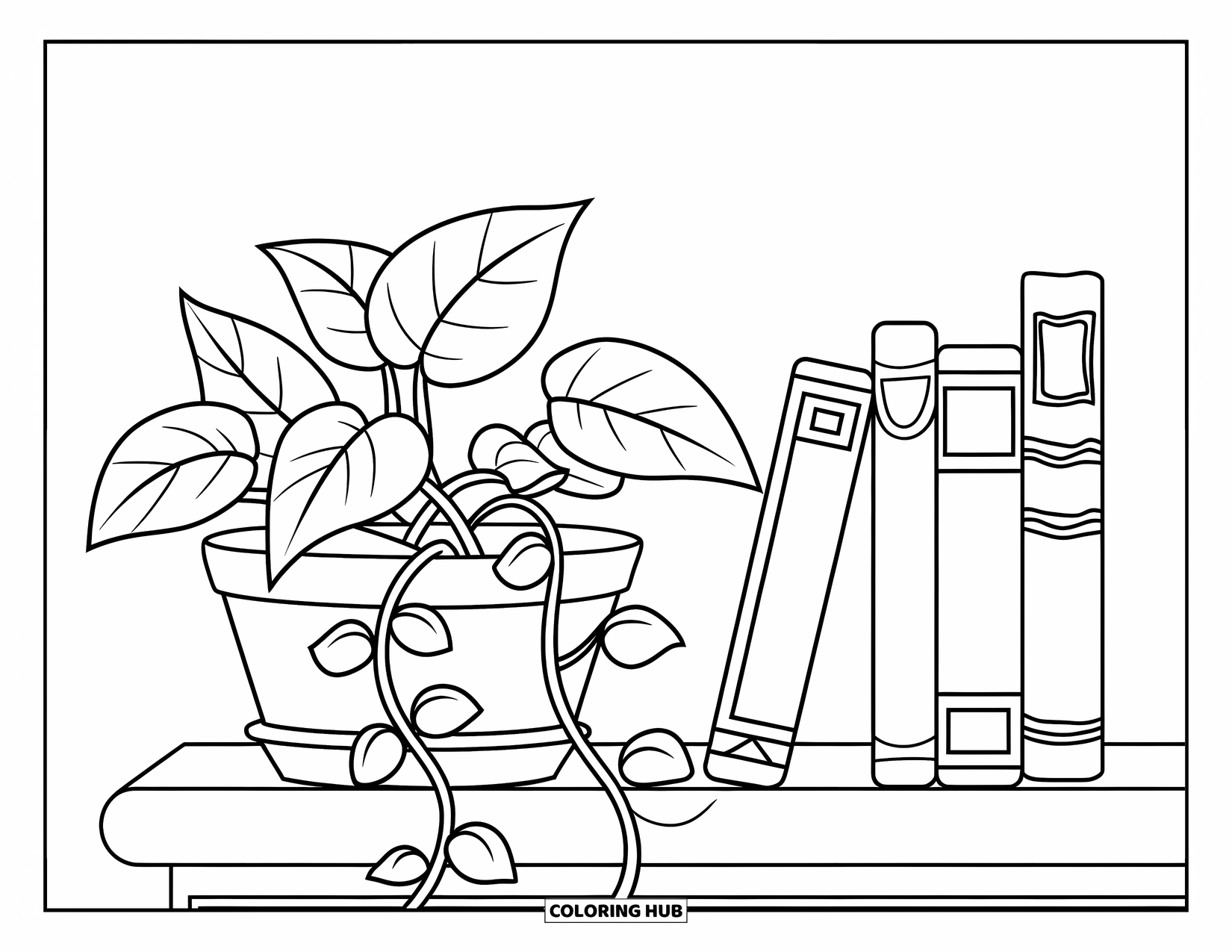 Dibujo de plantas para colorear para niños: Una planta de potos con enredaderas descansa sobre una estantería de madera baja