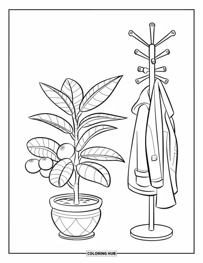 Plant Coloring Page for Kids: A rubber plant sits beside a coat rack with hanging jackets