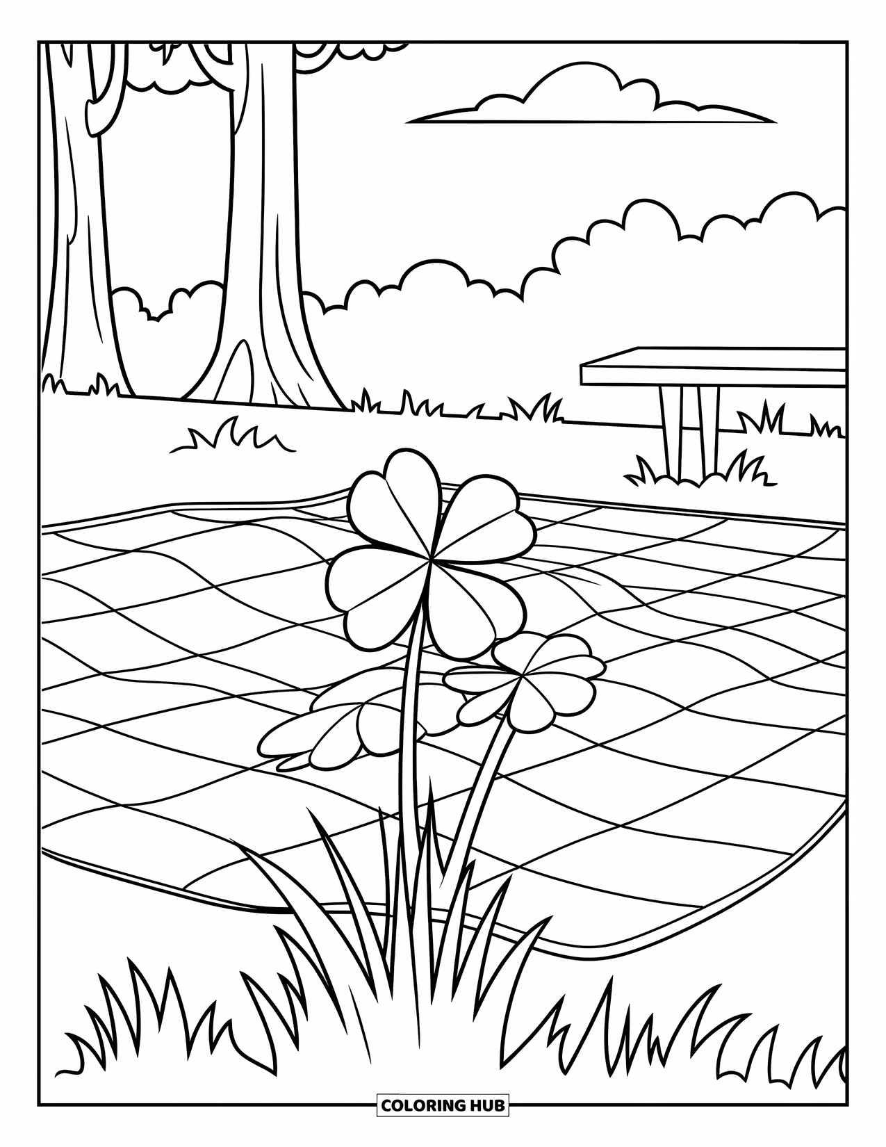 Dibujo de plantas para colorear para niños: Un pequeño trébol crece debajo de una manta de picnic en la hierba