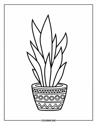 Plant Coloring Page for Kids: A snake plant with tall leaves sits in a cute pot on the floor