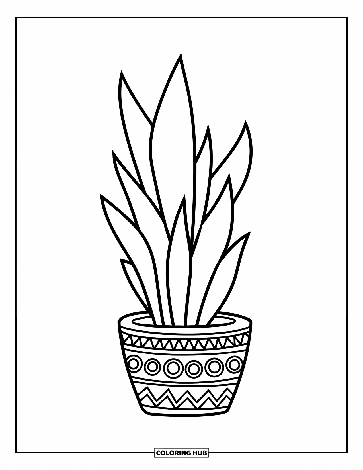 Dibujo de plantas para colorear para niños: Una planta de serpiente con hojas altas se sienta en una maceta linda en el suelo