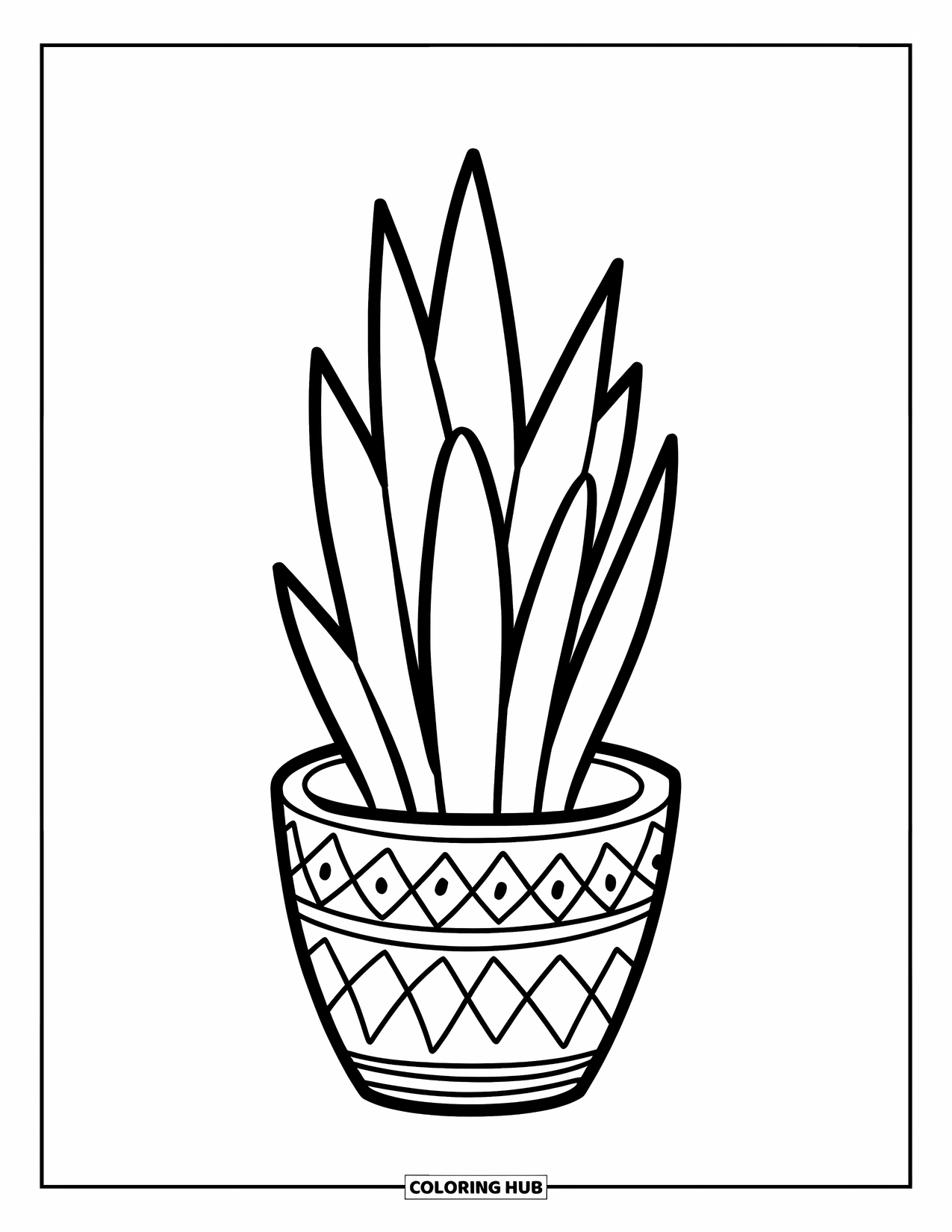 Dibujo de plantas para colorear para niños: Una planta de serpiente alta se sienta en una maceta estampada con hojas llamativas