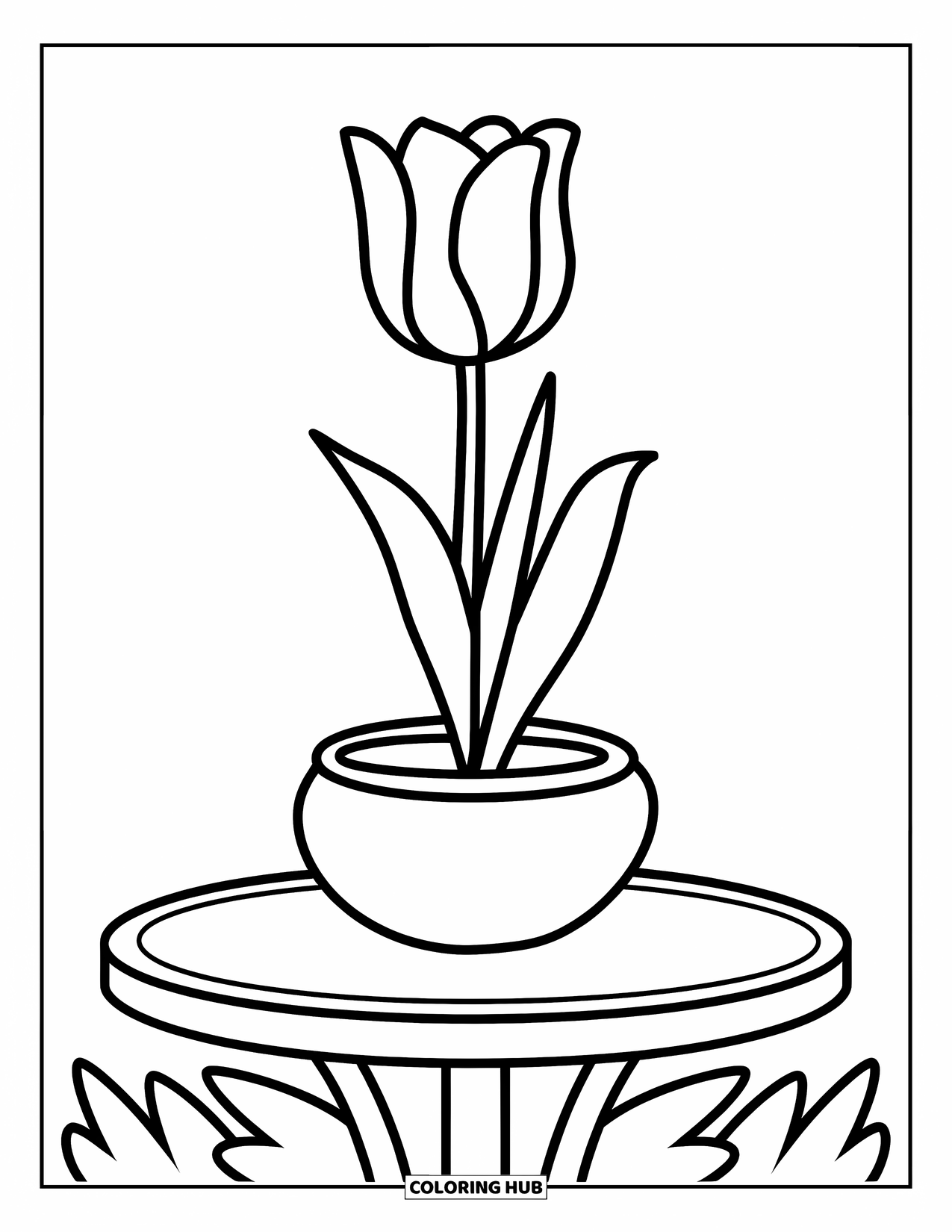 Dibujo de plantas para colorear para niños: Un tulipán crece en una maceta redonda sobre una mesa pequeña