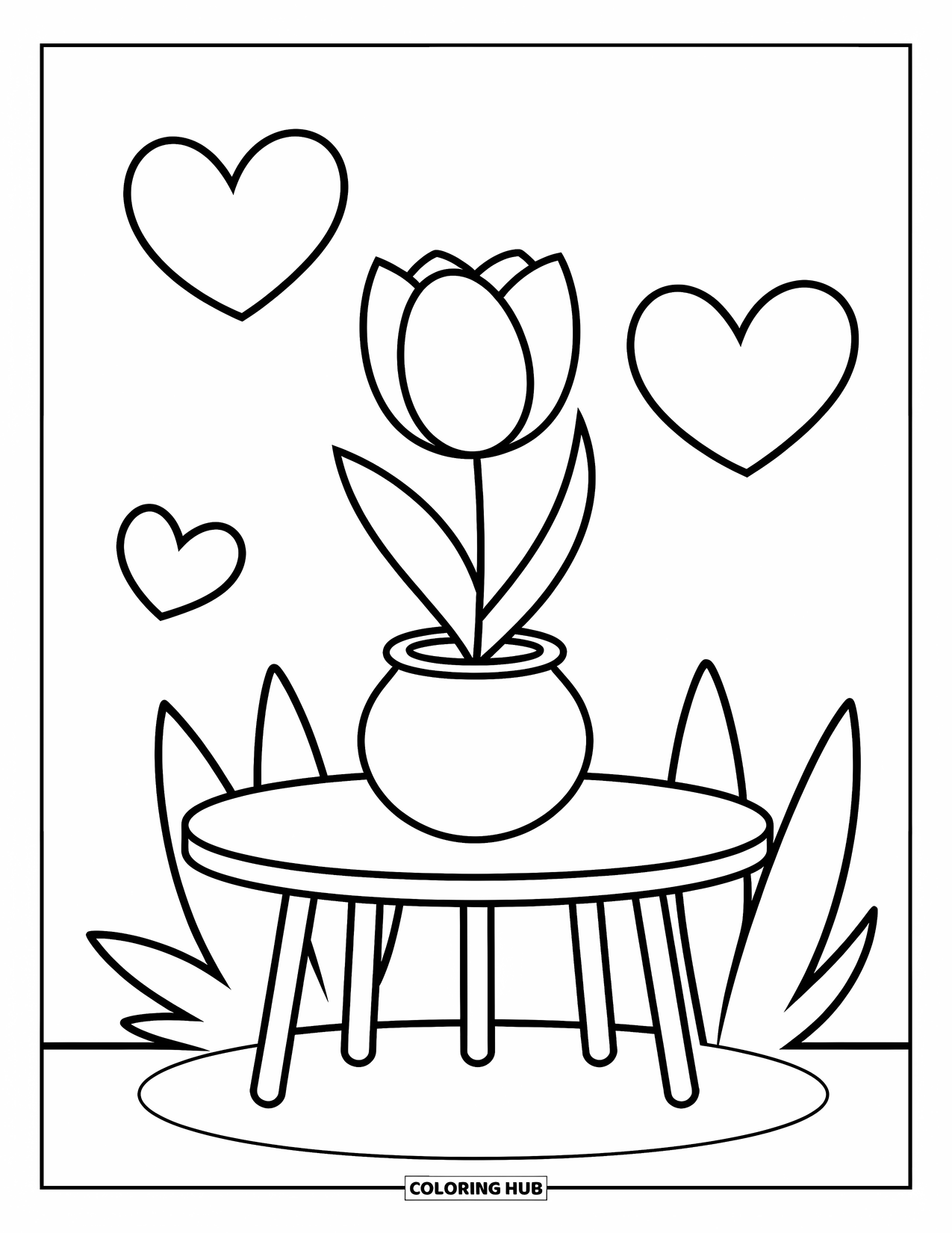 Dibujo de plantas para colorear para niños: Un tulipán en una maceta descansa sobre una mesa con garabatos de corazones cerca