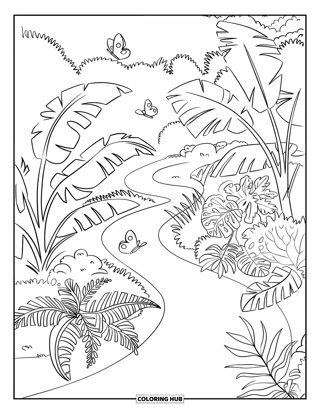 Dibujo de plantas para colorear para niños: Un sendero de jardín sinuoso bordeado de hojas de plátano e hibisco, con mariposas arriba