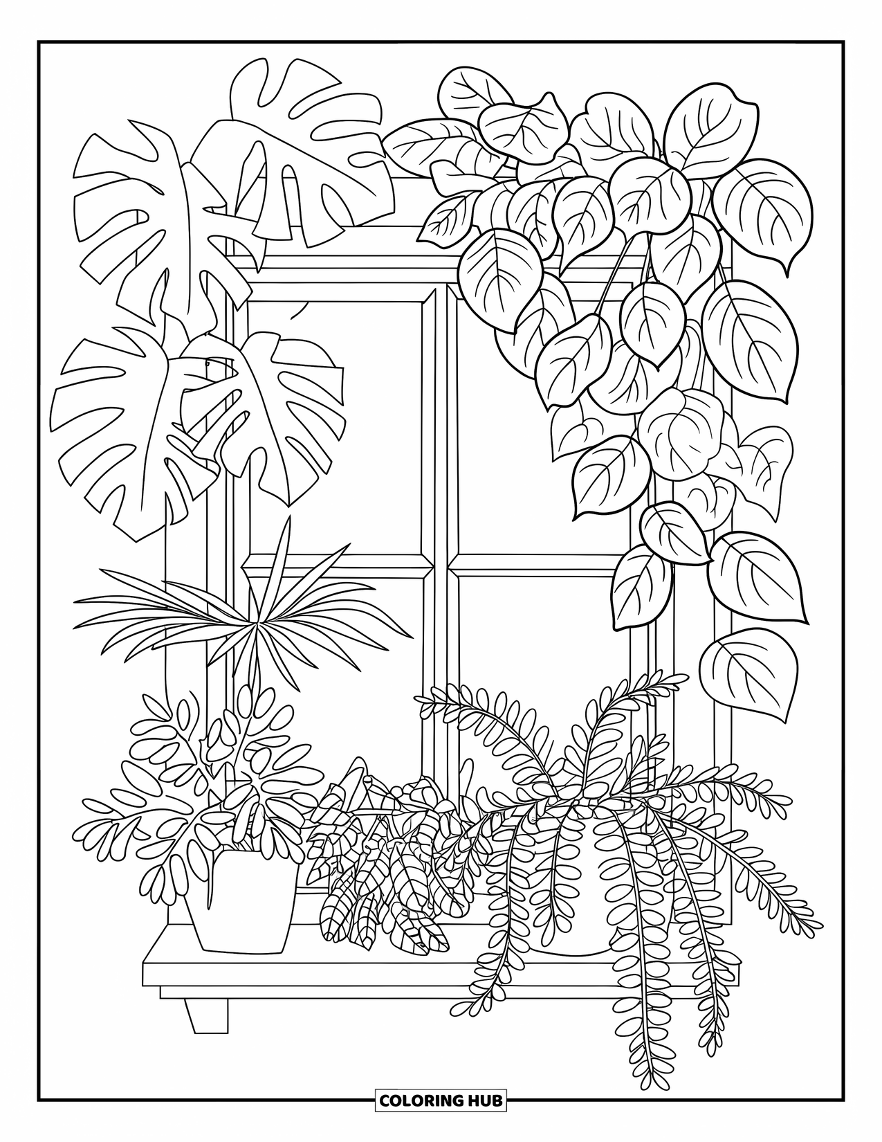 Dibujo de plantas para colorear para niños: El borde de una ventana lleno de plantas de interior frondosas y una vista suave del exterior