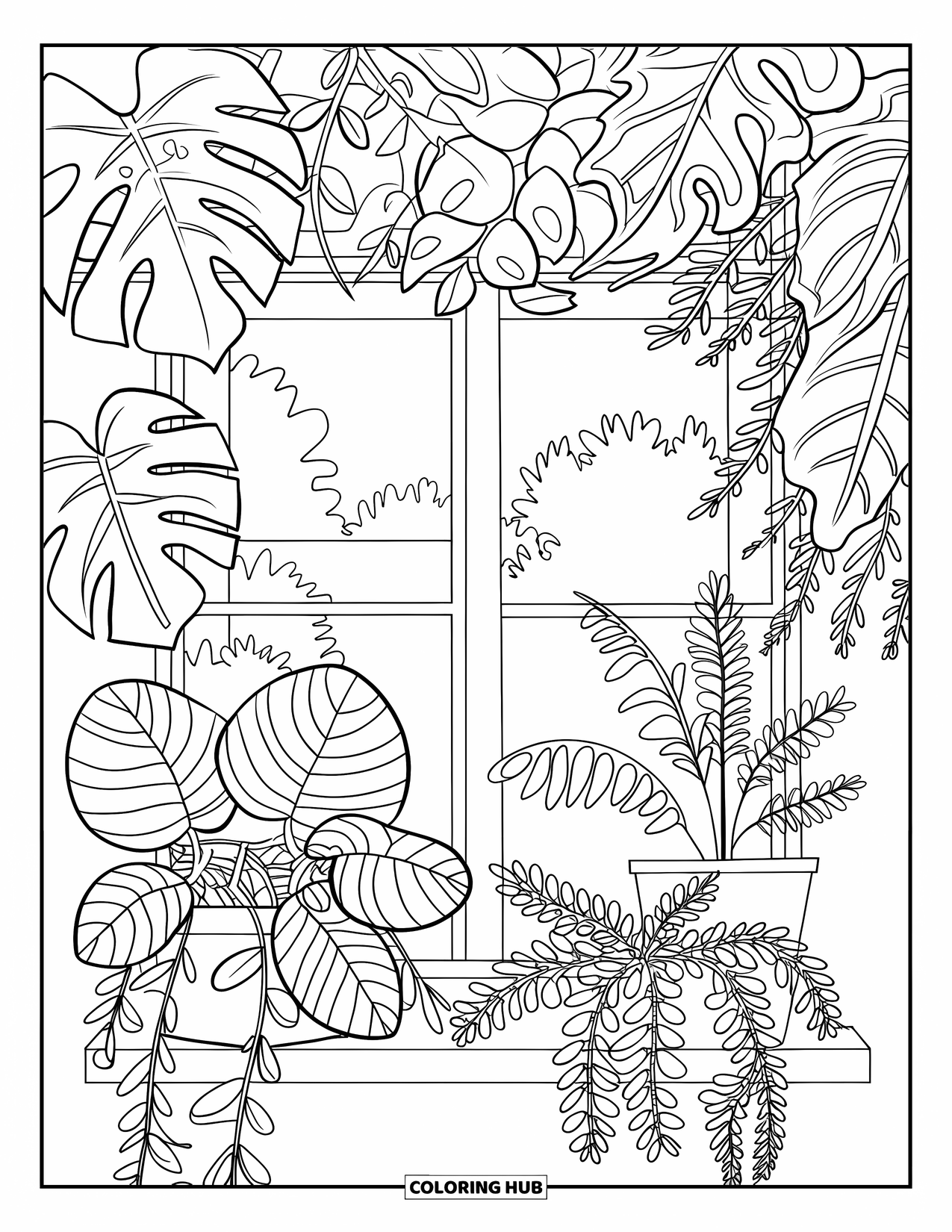 Dibujo de plantas para colorear para niños: El borde de una ventana lleno de plantas frondosas enmarca una vista suave con árboles y edificios