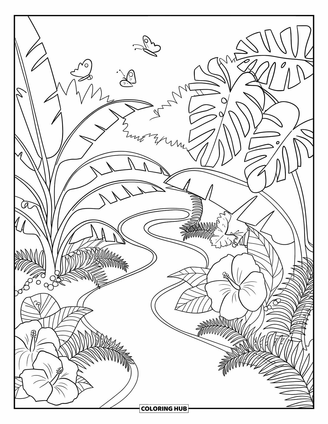 Dibujo de plantas para colorear para niños: Mariposas revolotean sobre un sendero de jardín frondoso bordeado de plantas tropicales
