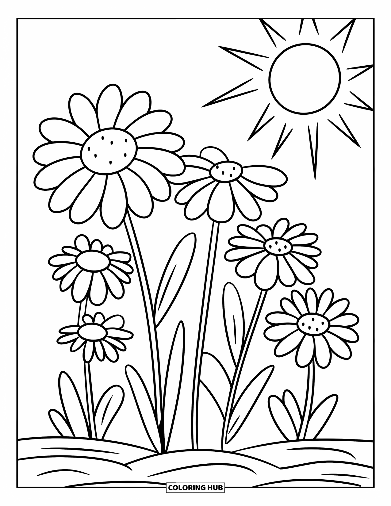 Dibujo de plantas para colorear para niños: Margaritas florecen de tierra suave bajo un sol feliz
