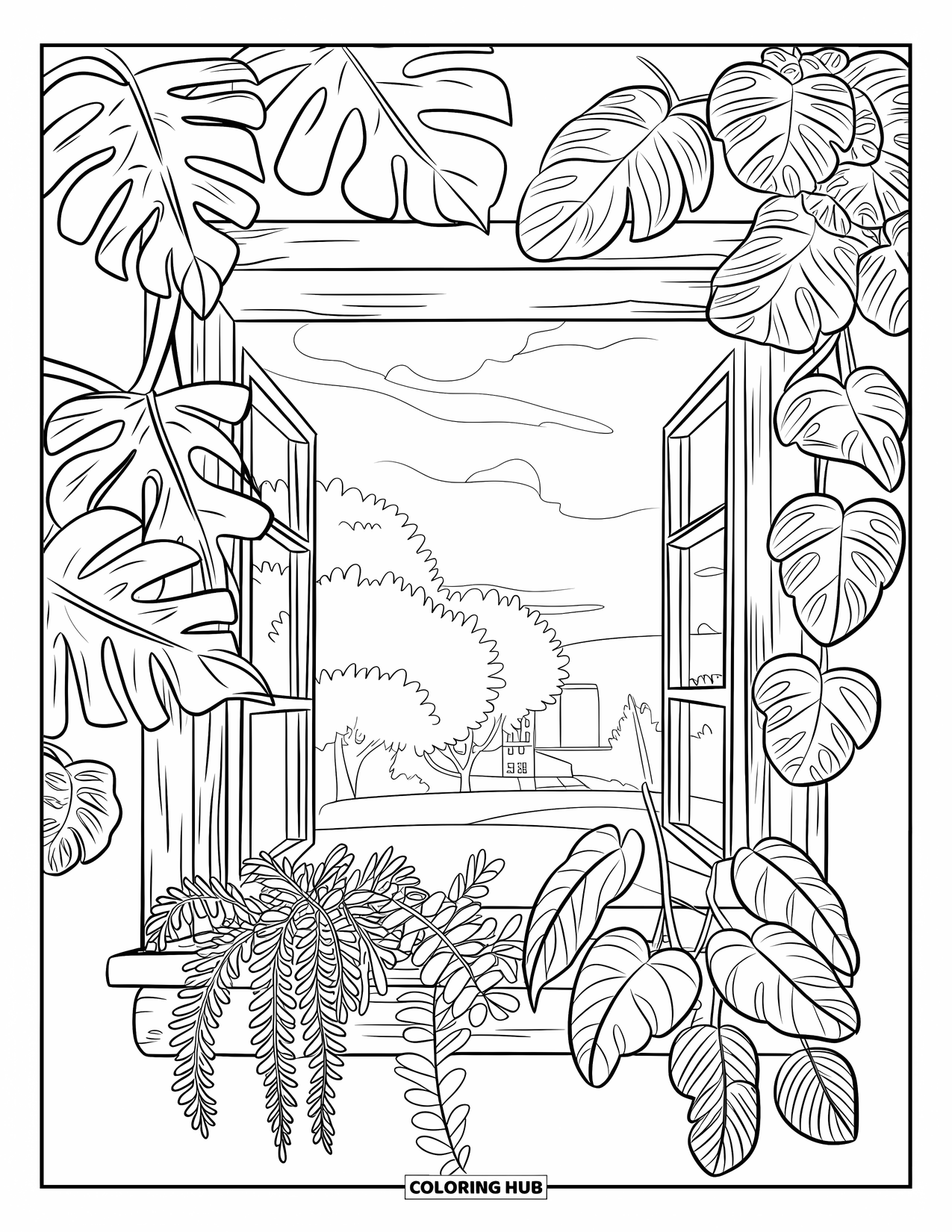 Dibujo de plantas para colorear para niños: Plantas grandes y frondosas se sientan en una repisa de madera junto a una ventana ligeramente agrietada