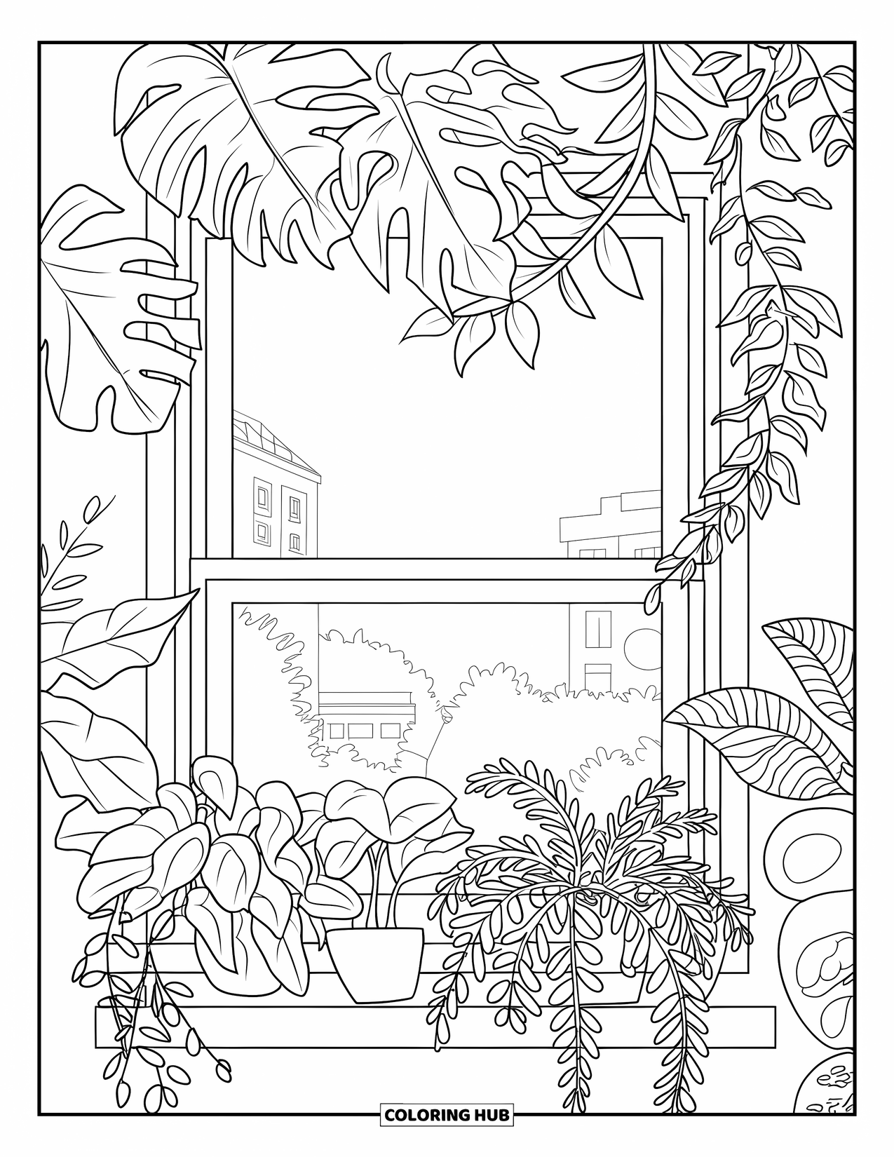 Dibujo de plantas para colorear para niños: Plantas frondosas llenan el borde de una ventana, enmarcando una vista suave de árboles y edificios