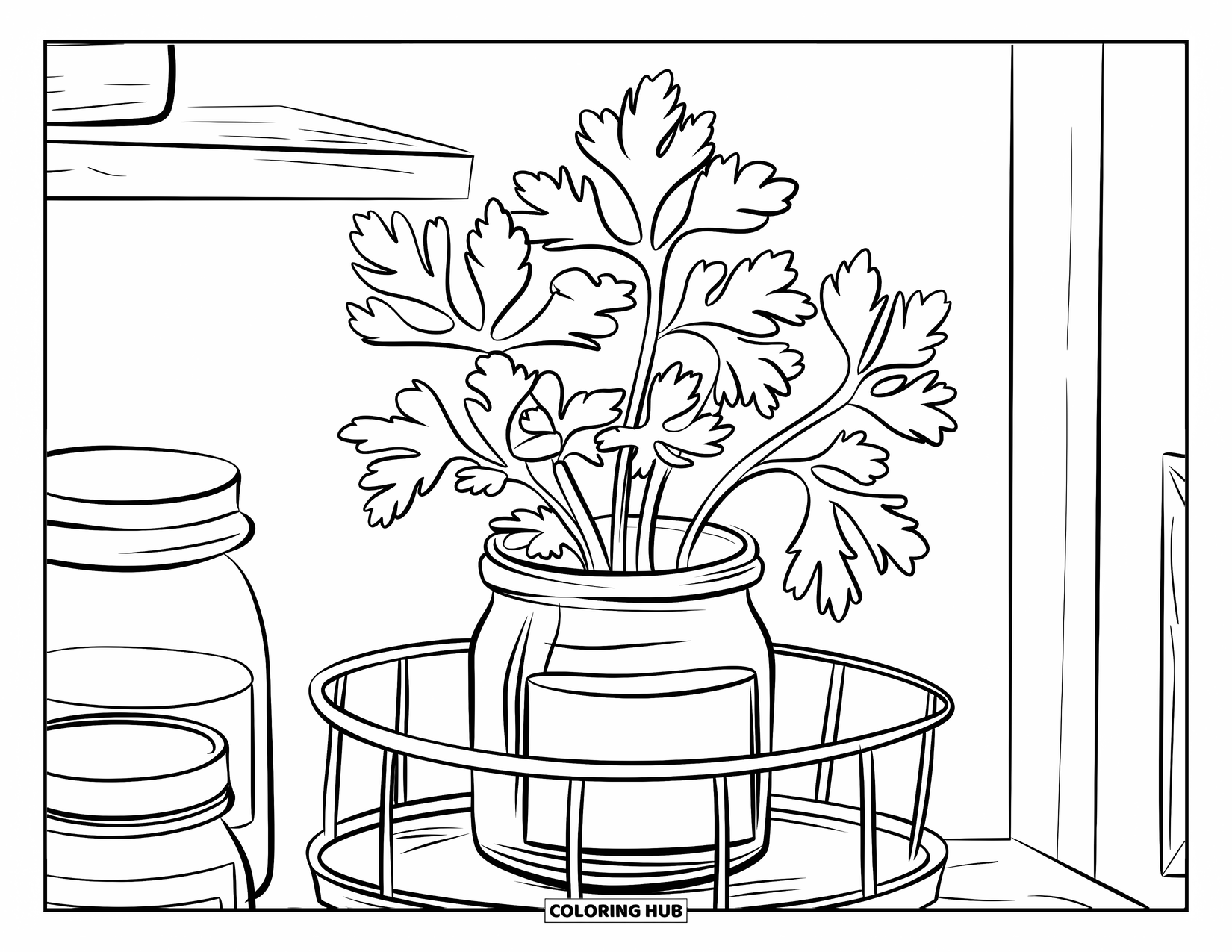 Dibujo de plantas para colorear para niños: Perejil crece en un frasco etiquetado en un estante de hierbas ordenado en interiores