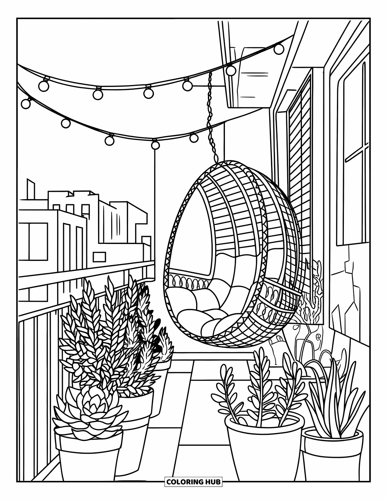 Dibujo de plantas para colorear para niños: Hierbas en macetas y luces de cadena decoran un balcón acogedor de la ciudad con una silla colgante
