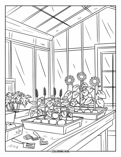 Plant Coloring Page for Kids: Seedlings and tools sit on a potting table inside a cozy greenhouse